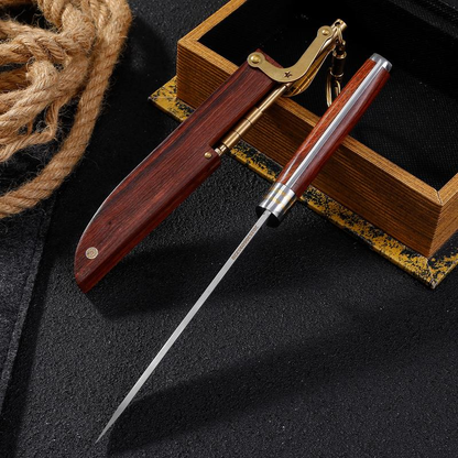 Vintage Wood-Handle Pocket Tool with Brass Buckle – Compact Portable Design