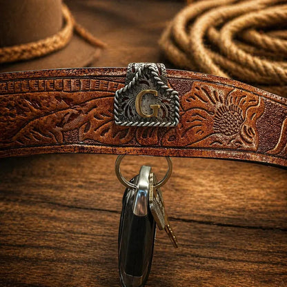 Western Cowboy Belt Key Holder Vintage Cow Tag Initial Keychain