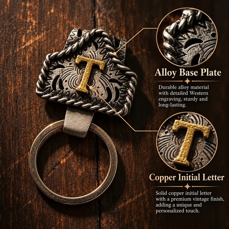 Western Cowboy Belt Key Holder Vintage Cow Tag Initial Keychain