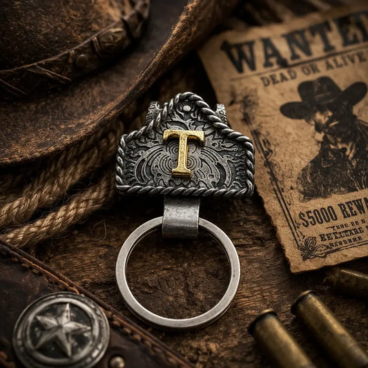 Western Cowboy Belt Key Holder Vintage Cow Tag Initial Keychain