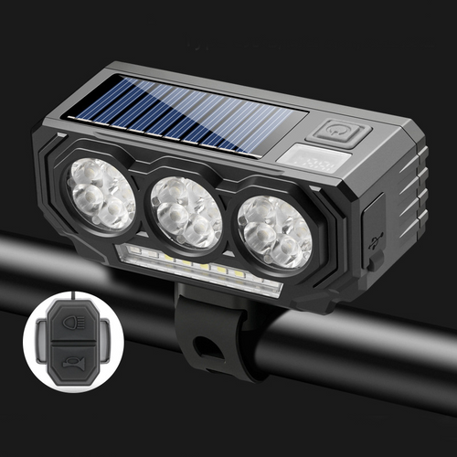 Solar Powered Bike Light Horn 900LM LED Strobe Night Headlight