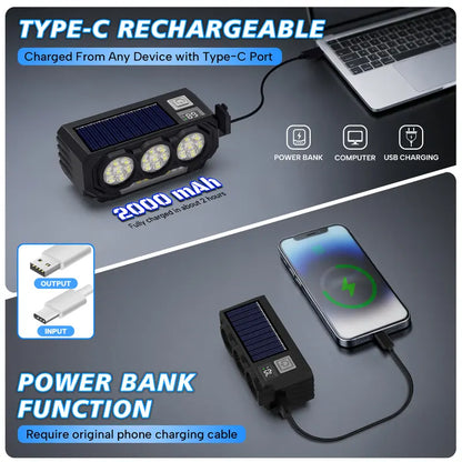 Solar Powered Bike Light Horn 900LM LED Strobe Night Headlight