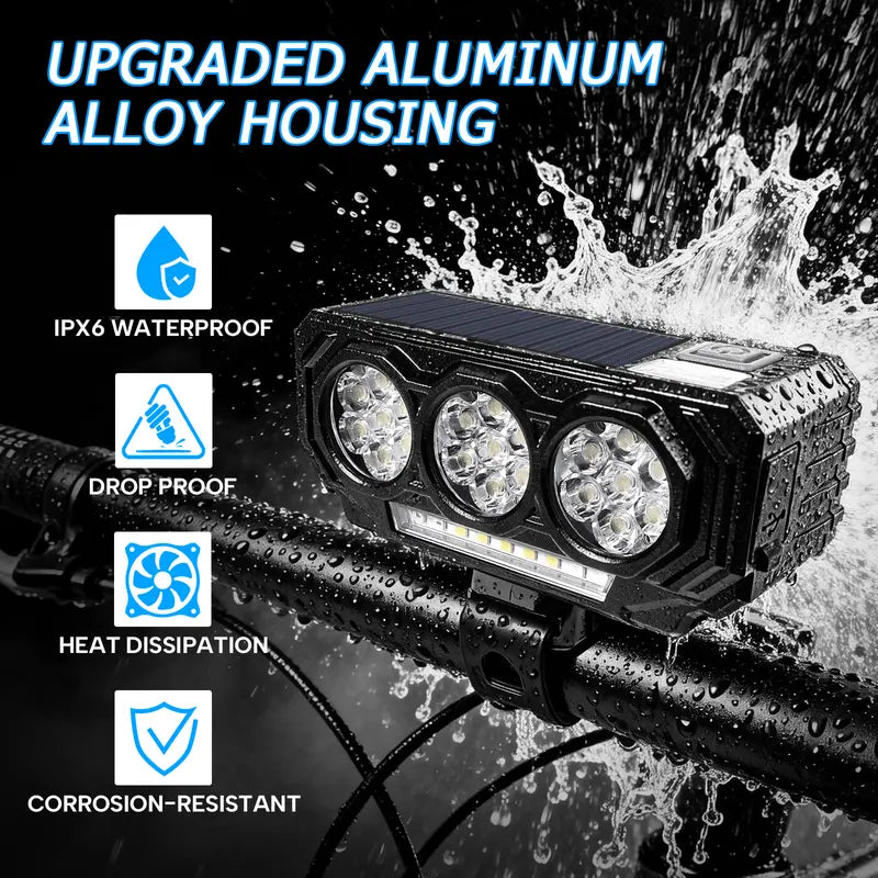Solar Powered Bike Light Horn 900LM LED Strobe Night Headlight