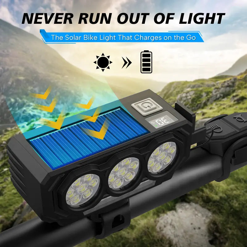 Solar Powered Bike Light Horn 900LM LED Strobe Night Headlight