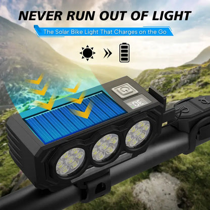 Solar Powered Bike Light Horn 900LM LED Strobe Night Headlight