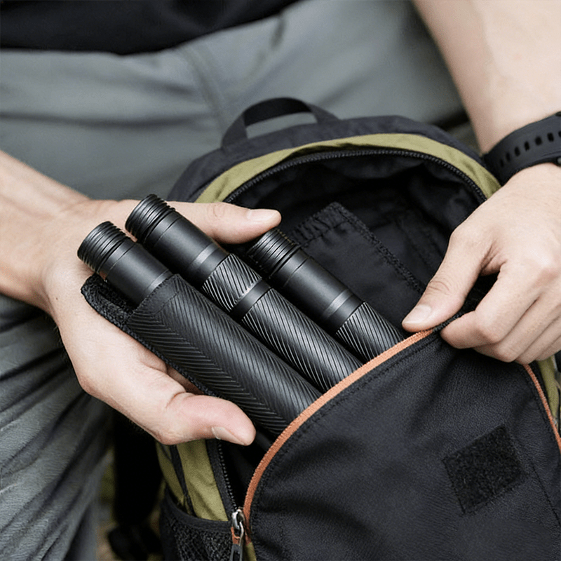 Ergonomic handle with deep-textured anti-slip grip for the Terozi tactical trekking staff, optimized for secure handling in wet weather conditions.