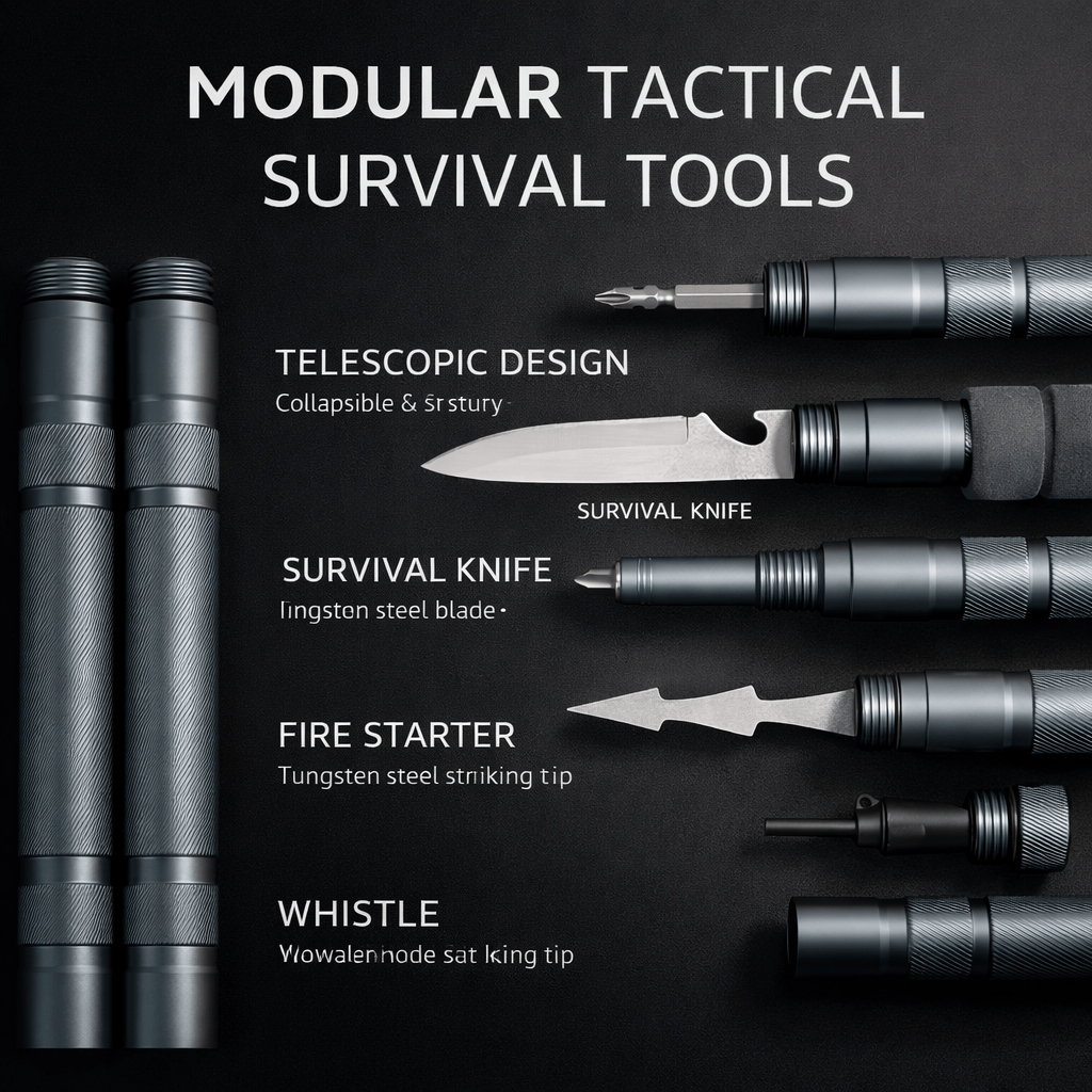 Close-up of the concealed tactical knife attachment from the Terozi modular system, designed for emergency forest defense and survival tasks.