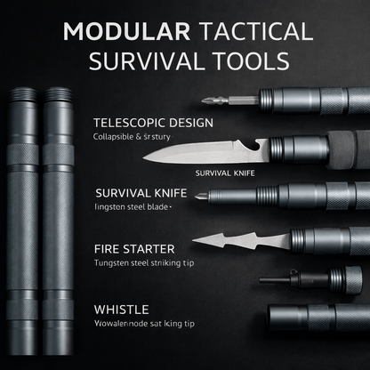 Close-up of the concealed tactical knife attachment from the Terozi modular system, designed for emergency forest defense and survival tasks.