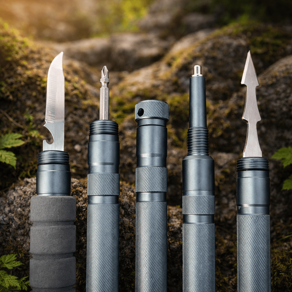 Detailed view of the Terozi staff's disassembled manganese alloy interlocking tubes, highlighting the precision-threaded connectors for rock-solid stability.