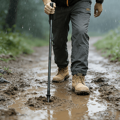 Terozi heavy-duty staff being used for stability on a rugged, muddy alpine trail, providing essential joint support for hikers with bad knees.